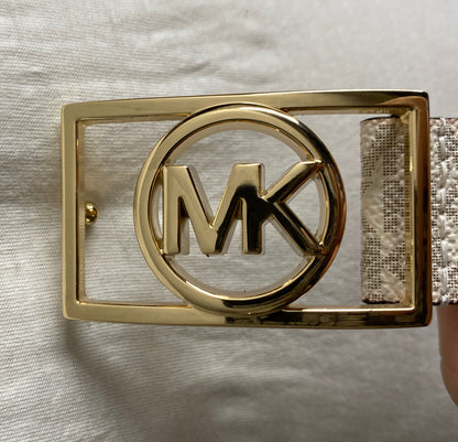 MICHAEL KORS BELT WHITE MK MINI LOGO GOLD MK RECTANGULAR CIRCLE BUCKLE RARE!!