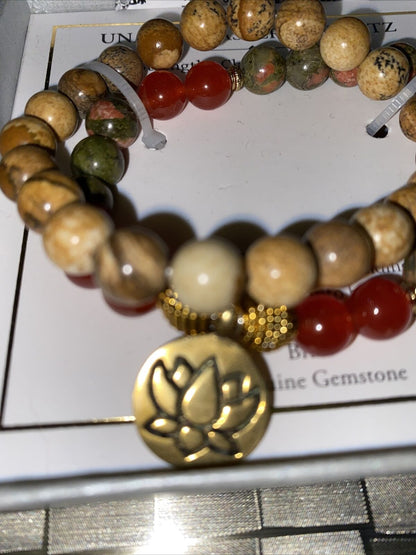 SHIVAM UNAKITE, JASPER & QUARTZ GEMSTONE BRACELET BRASS LOTUS PENDANT BRACELET