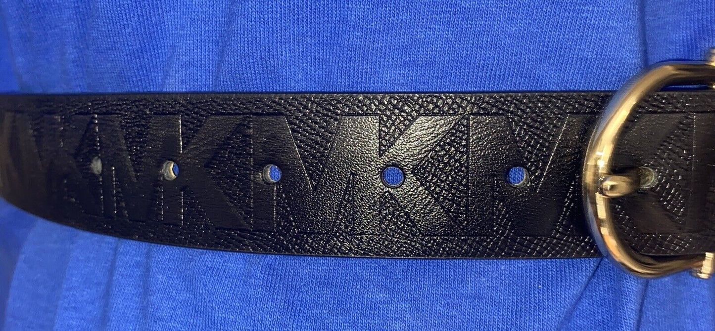 MICHAEL KORS BELT BLACK LEATHER WITH STAMPED MK LOGO GOLD BUCKLE UNIQUE