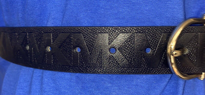 MICHAEL KORS BELT BLACK LEATHER WITH STAMPED MK LOGO GOLD BUCKLE UNIQUE