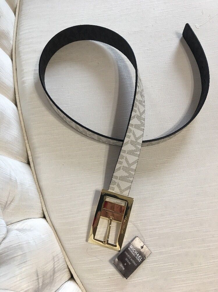 MICHAEL KORS BELT VANILLA/BLACK MK LOGO GOLD RECTANGULAR BUCKLE   MSRP $48