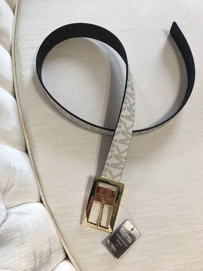 MICHAEL KORS BELT VANILLA/BLACK MK LOGO GOLD RECTANGULAR BUCKLE   MSRP $48
