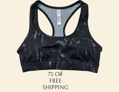 RBX  WOMEN’S SPORTS BRA RACERBACK BLACK & GRAY CAMO, REMOVABLE PADS~PULLOVER~NEW
