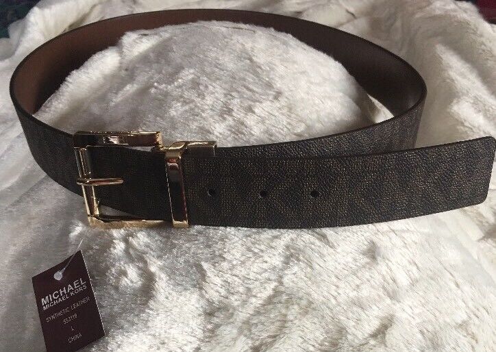 MICHAEL KORS BELT REVERSIBLE CHOCOLATE TO LUGGAGE MK LOGO GOLD BUCKLE MSRP $48