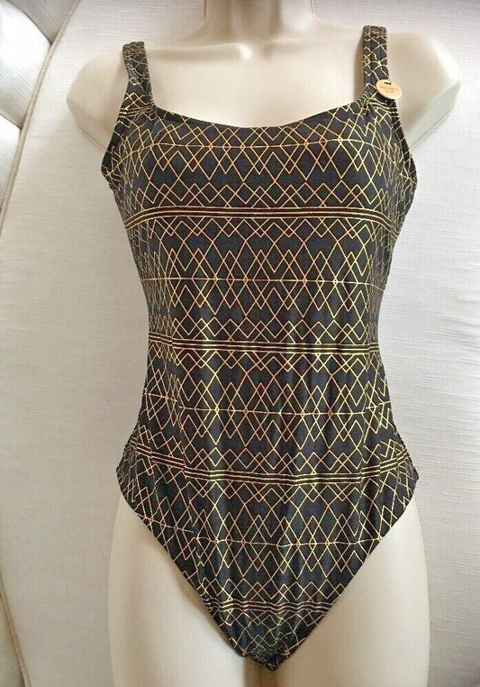 NIP TUCK BOND EYE ONE PIECE SWIMSUIT Black & Gold NWT
