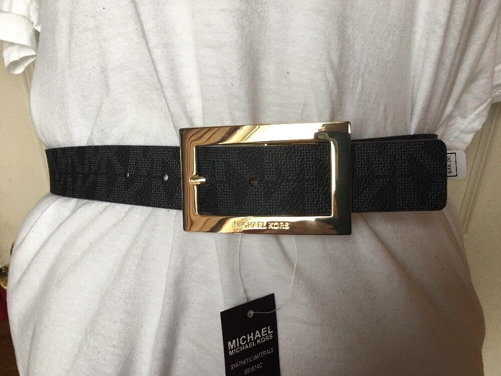 MICHAEL KORS BELT VANILLA/BLACK MK LOGO GOLD RECTANGULAR BUCKLE   MSRP $48