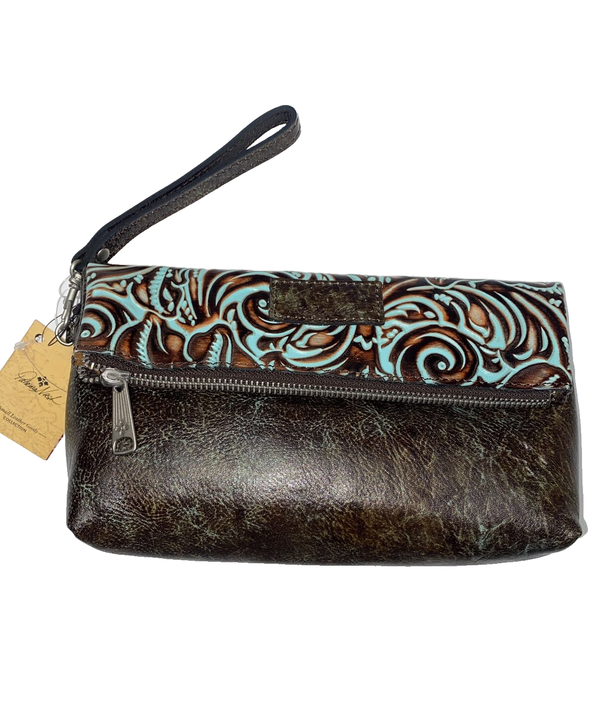 Patricia Nash Valerie Turquoise Tooled Leather Fold Over Clutch Wristlet New