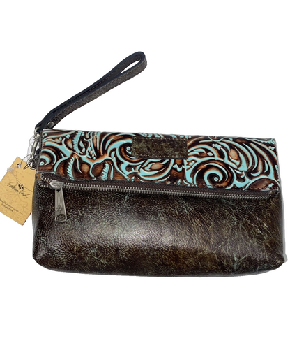 Patricia Nash Valerie Turquoise Tooled Leather Fold Over Clutch Wristlet New