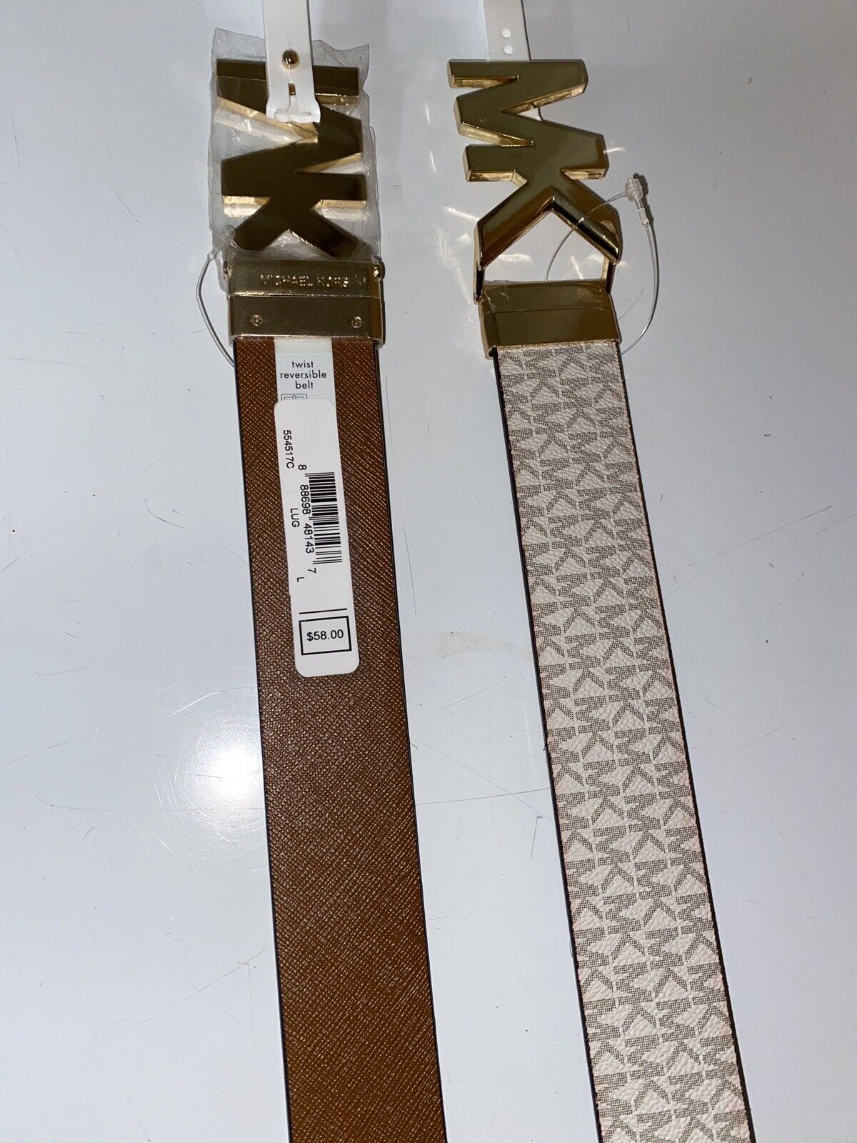 MICHAEL KORS BELT VANILLA/LUGGAGE XL PRINTED MK LOGO WITH GOLD MK LOGO BUCKLE