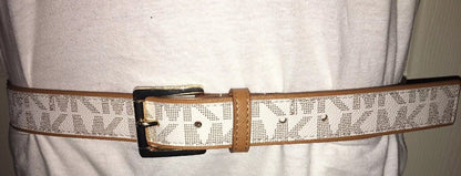 MICHAEL KORS BELT VANILLA MK LOGO WITH LUGGAGE (TAN) EDGING MK STYLE!! MSRP $48
