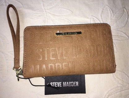 Steve Madden Wallet Camel Stamped Logo Gold Zipper Organizer Wristlet Ships Free