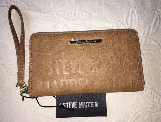 Steve Madden Wallet Camel Stamped Logo Gold Zipper Organizer Wristlet Ships Free