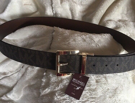 MICHAEL KORS BELT REVERSIBLE CHOCOLATE TO LUGGAGE MK LOGO GOLD BUCKLE MSRP $48