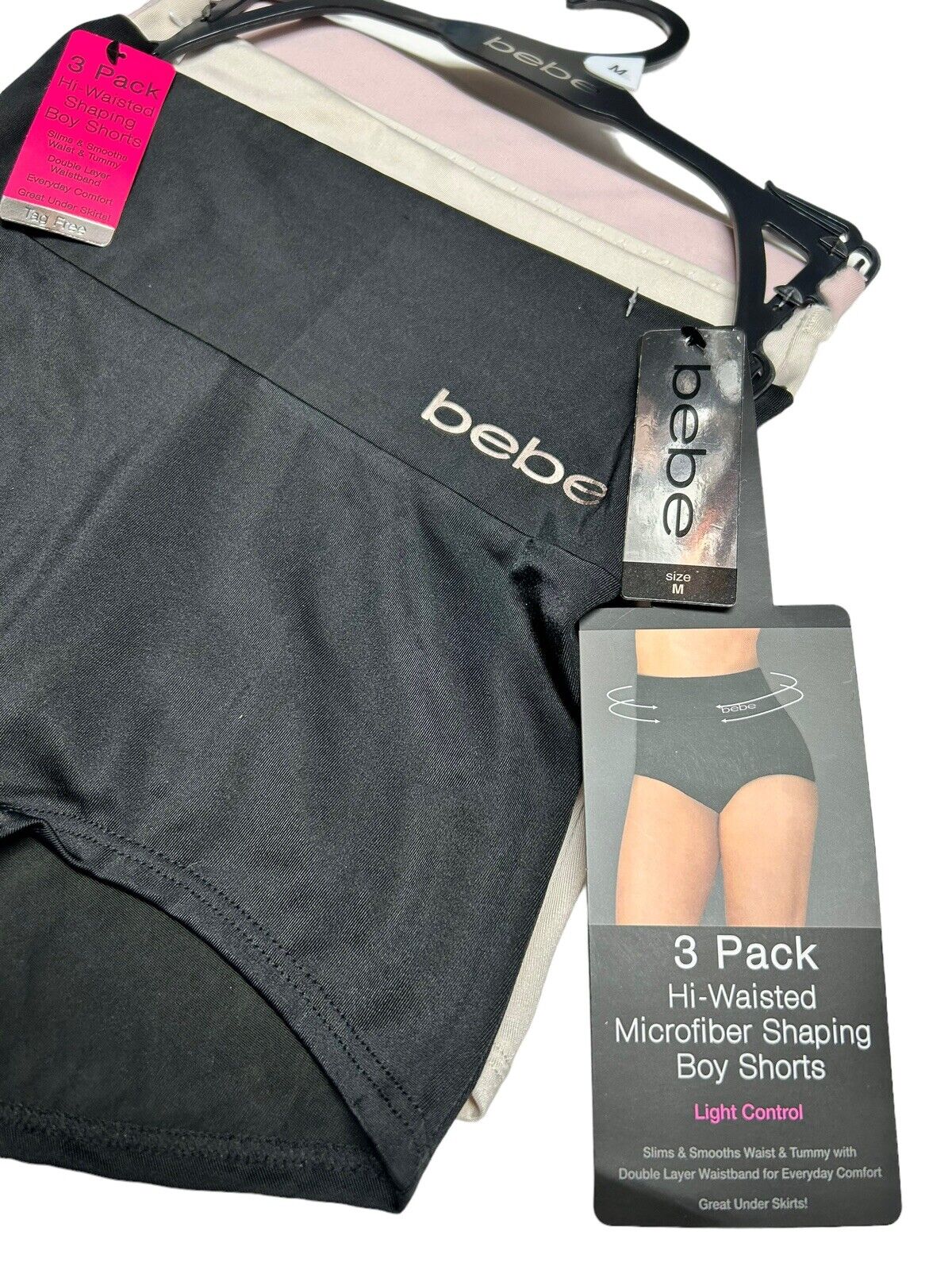 bebe Women’s 3 Pack~Light Control~Microfiber Shaping Briefs BoyShort~High Waist