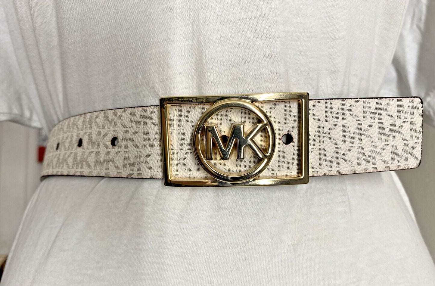 MICHAEL KORS BELT WHITE MK MINI LOGO GOLD MK RECTANGULAR CIRCLE BUCKLE RARE!!