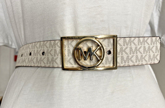 MICHAEL KORS BELT WHITE MK MINI LOGO GOLD MK RECTANGULAR CIRCLE BUCKLE RARE!!