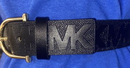 MICHAEL KORS BELT BLACK LEATHER WITH STAMPED MK LOGO GOLD BUCKLE UNIQUE