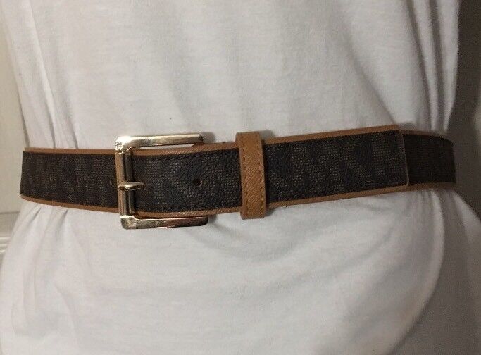 MICHAEL KORS BELT BROWN WITH TAN TRIM & BELT LOOP PRINTED MK LOGO GOLD BUCKLE