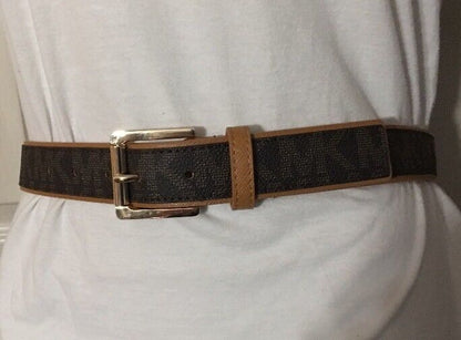MICHAEL KORS BELT BROWN WITH TAN TRIM & BELT LOOP PRINTED MK LOGO GOLD BUCKLE