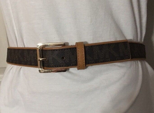 MICHAEL KORS BELT BROWN WITH TAN TRIM & BELT LOOP PRINTED MK LOGO GOLD BUCKLE