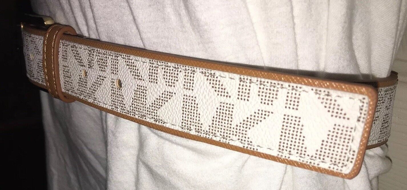 MICHAEL KORS BELT VANILLA MK LOGO WITH LUGGAGE (TAN) EDGING MK STYLE!! MSRP $48