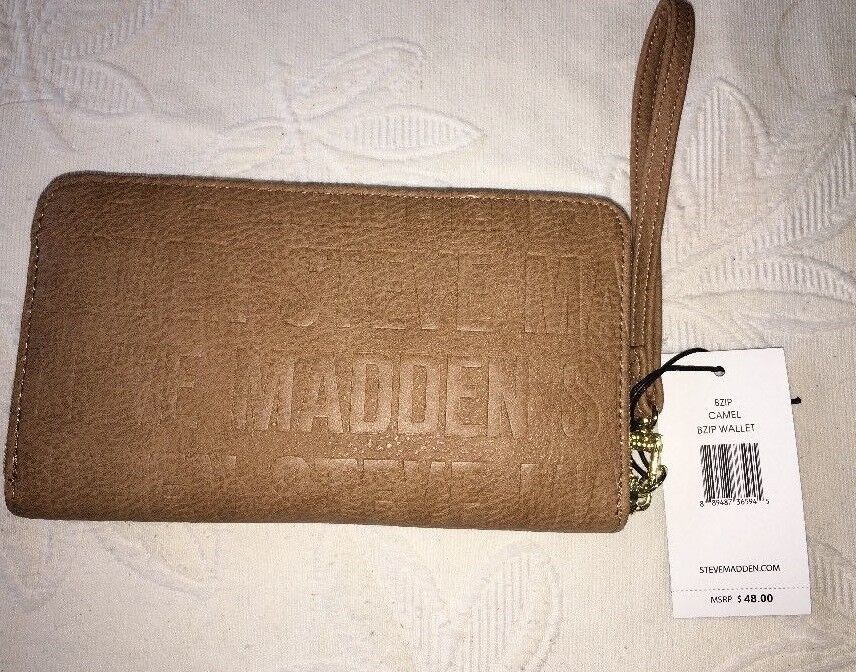 Steve Madden Wallet Camel Stamped Logo Gold Zipper Organizer Wristlet Ships Free