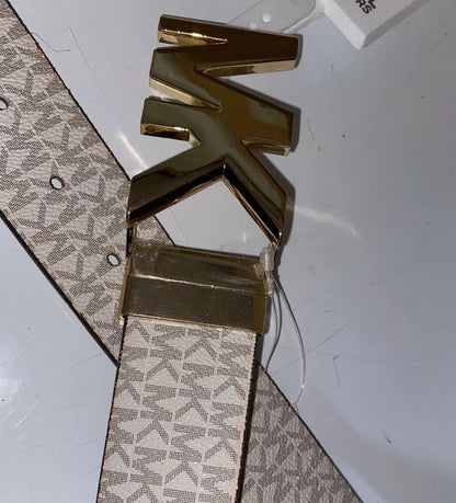 MICHAEL KORS BELT VANILLA/LUGGAGE XL PRINTED MK LOGO WITH GOLD MK LOGO BUCKLE