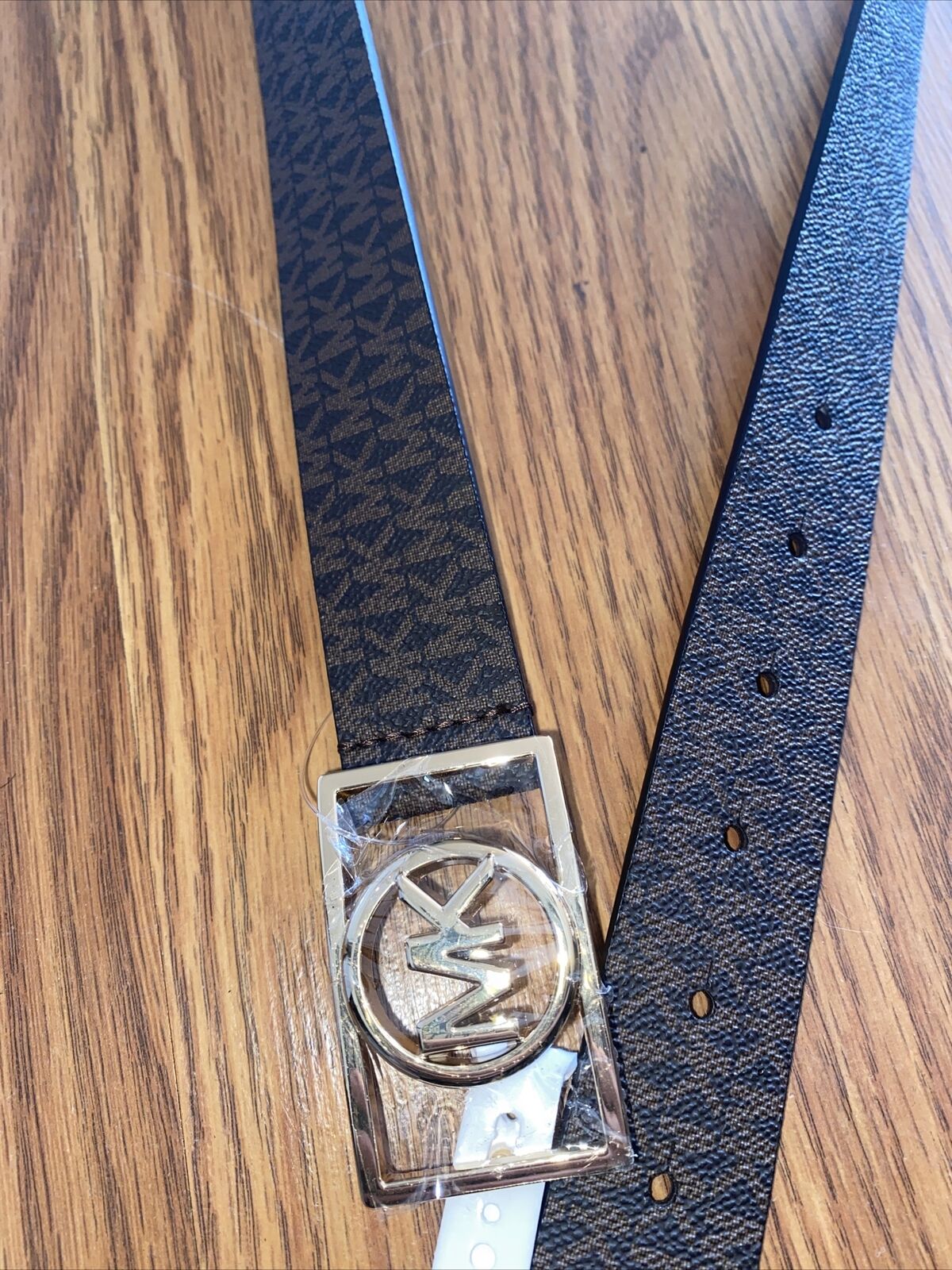 MICHAEL KORS BELT BROWN MK MINI LOGO GOLD MK RECTANGULAR CIRCLE BUCKLE RARE!!