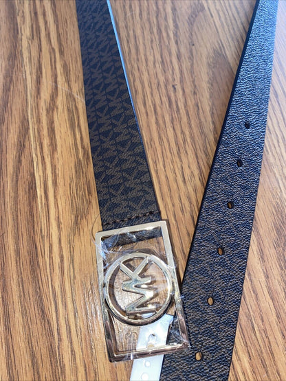 MICHAEL KORS BELT BROWN MK MINI LOGO GOLD MK RECTANGULAR CIRCLE BUCKLE RARE!!