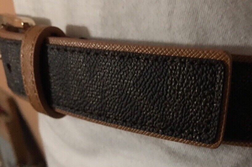 MICHAEL KORS BELT BROWN WITH TAN TRIM & BELT LOOP PRINTED MK LOGO GOLD BUCKLE