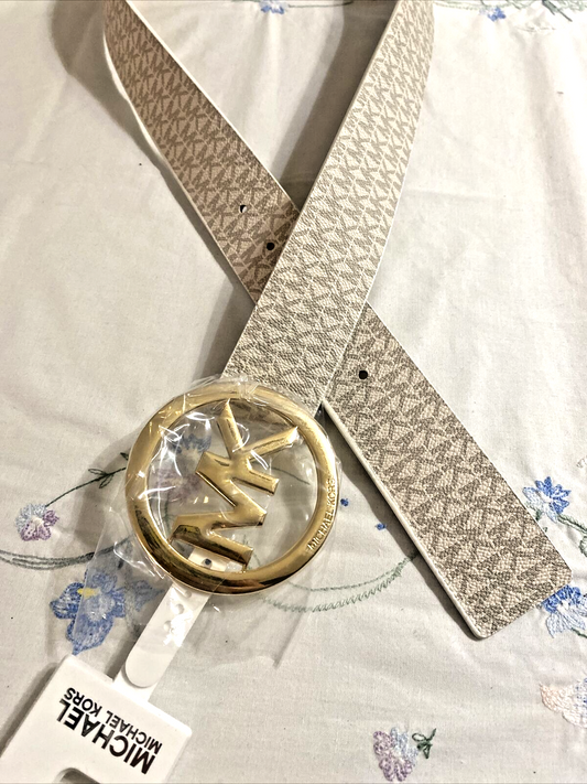 MICHAEL KORS BELT VANILLA WITH MK PRINTED LOGO- LARGE GOLD MK CIRCLE BUCKLE Sz L