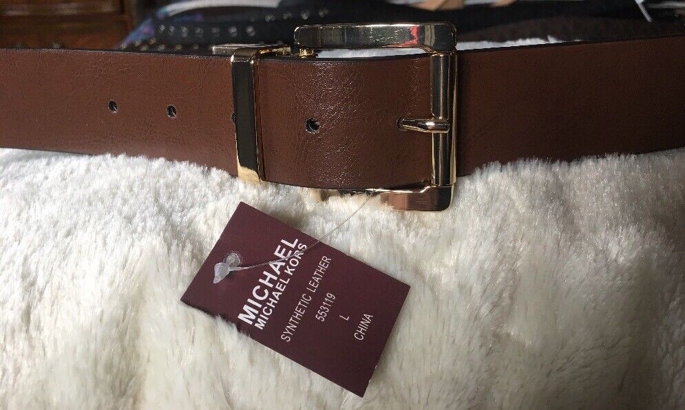 MICHAEL KORS BELT REVERSIBLE CHOCOLATE TO LUGGAGE MK LOGO GOLD BUCKLE MSRP $48