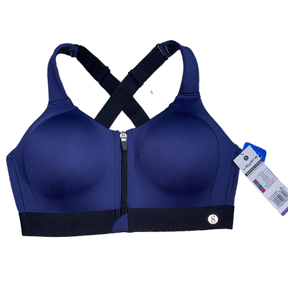 LAYER 8 MAXIMUM SUPPORT SIZE SMALL SPORT BRA FITTED BLUE/BLACK Front Zipper-NEW