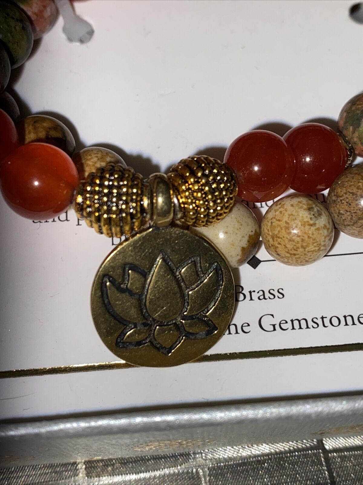 SHIVAM UNAKITE, JASPER & QUARTZ GEMSTONE BRACELET BRASS LOTUS PENDANT BRACELET