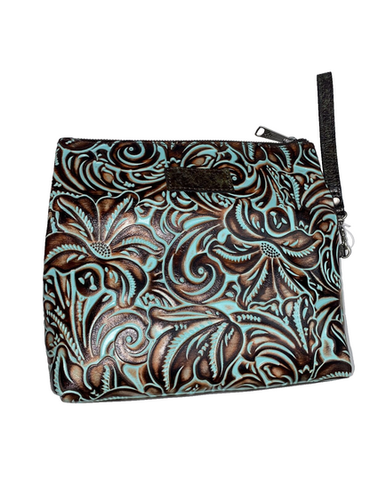 Patricia Nash Valerie Turquoise Tooled Leather Fold Over Clutch Wristlet New
