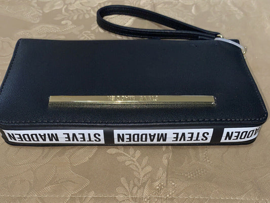 STEVE MADDEN WALLET WRISTLET BLACK WRAP AROUND LOGO SMOOTH TEXTURED