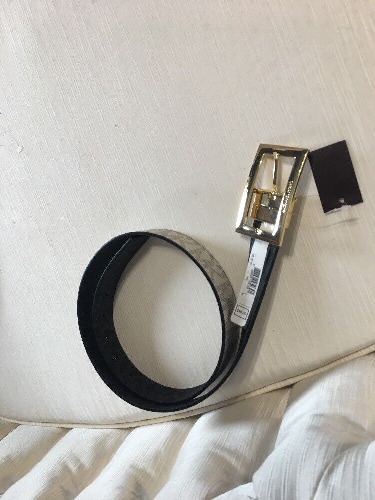 MICHAEL KORS BELT VANILLA/BLACK MK LOGO GOLD RECTANGULAR BUCKLE   MSRP $48