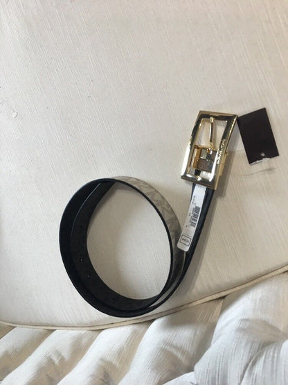 MICHAEL KORS BELT VANILLA/BLACK MK LOGO GOLD RECTANGULAR BUCKLE   MSRP $48