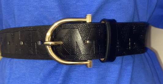 MICHAEL KORS BELT BLACK LEATHER WITH STAMPED MK LOGO GOLD BUCKLE UNIQUE