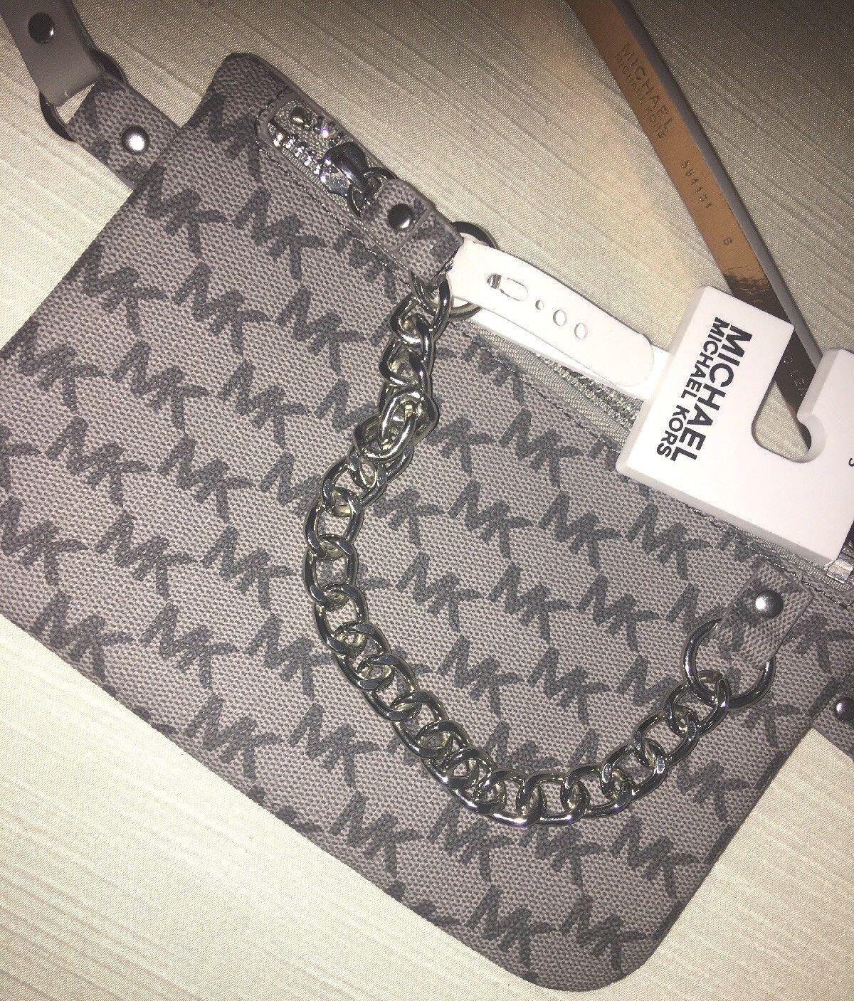 MICHAEL KORS Fanny Pack Belt Grey Multi MK Logo Silver Chain CLASSIC STYLE!!