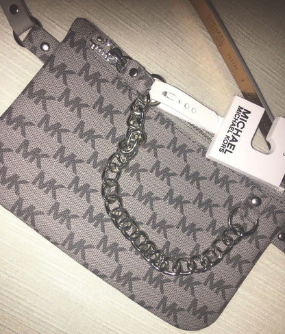MICHAEL KORS Fanny Pack Belt Grey Multi MK Logo Silver Chain CLASSIC STYLE!!