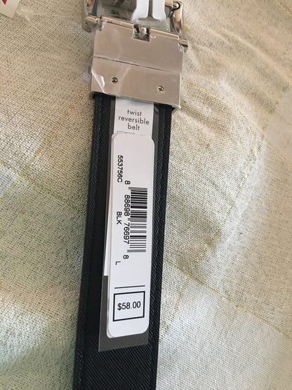 MICHAEL KORS BELT BLACK TO BLACK MK LOGO TWIST REVSESIBLE SILVER BUCKLE MSRP $58