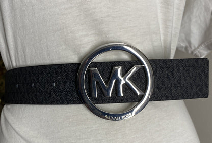 MICHAEL KORS BELT BLACK WITH MK PRINTED LOGO WITH MEDIUM SILVER MK CIRCLE BUCKLE