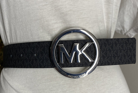 MICHAEL KORS BELT BLACK WITH MK PRINTED LOGO WITH MEDIUM SILVER MK CIRCLE BUCKLE