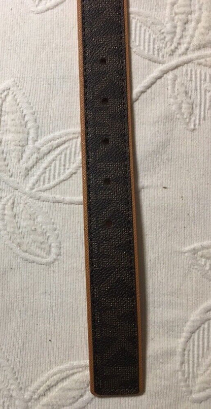 MICHAEL KORS BELT BROWN WITH TAN TRIM & BELT LOOP PRINTED MK LOGO GOLD BUCKLE
