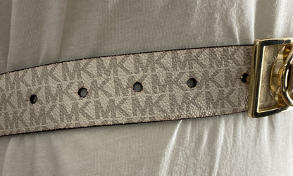 MICHAEL KORS BELT WHITE MK MINI LOGO GOLD MK RECTANGULAR CIRCLE BUCKLE RARE!!