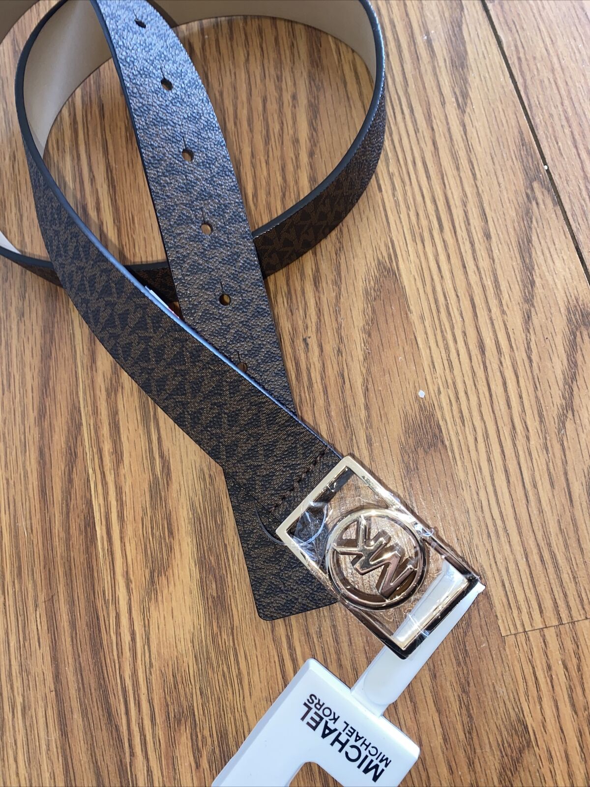 MICHAEL KORS BELT BROWN MK MINI LOGO GOLD MK RECTANGULAR CIRCLE BUCKLE RARE!!