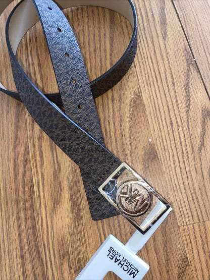 MICHAEL KORS BELT BROWN MK MINI LOGO GOLD MK RECTANGULAR CIRCLE BUCKLE RARE!!