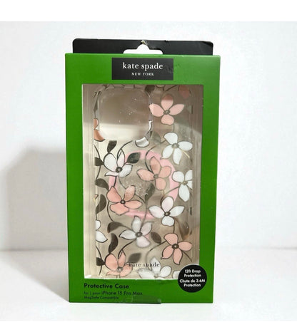 Kate Spade New York iPhone 15 Pro Max Case - White & Pink Flowers with Rhinestones - MagSafe Compatible