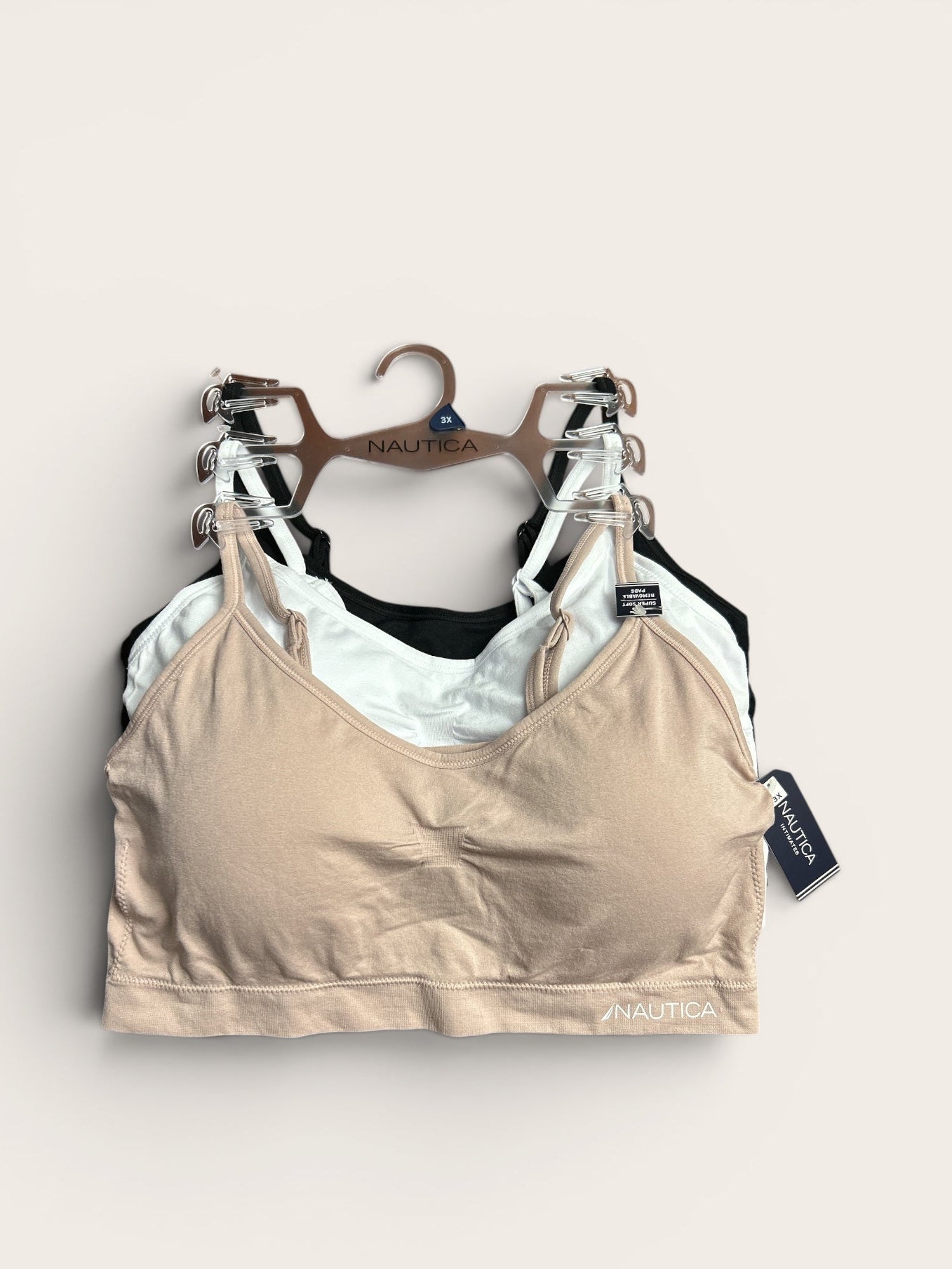 Nautica Intimates Pull-On Bra with Adjustable Straps – 3-Pack (Beige, White & Black) | Size 3X